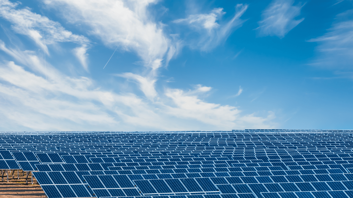 A conceptual representation of a large solar farm integrated with battery storage infrastructure.