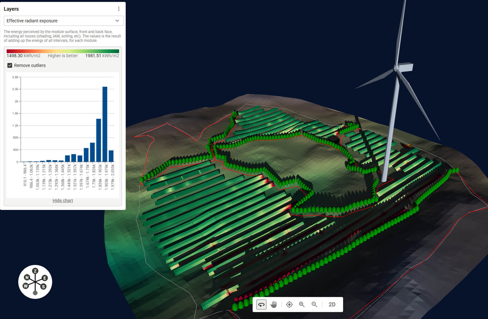 A high-resolution digital terrain model of a solar farm showing shading patterns on trackers.