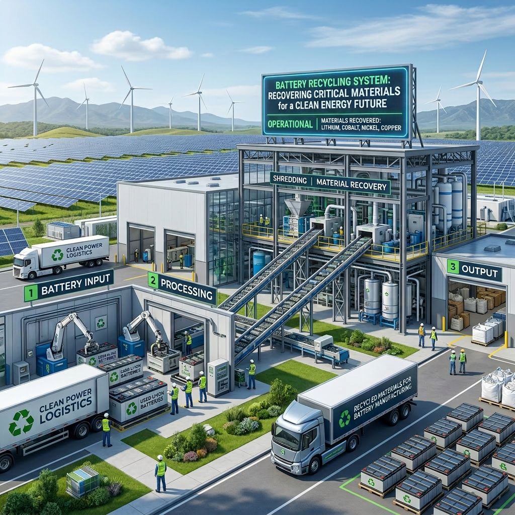 Technicians in a modern facility processing lithium-ion battery modules for material recovery and recycling.