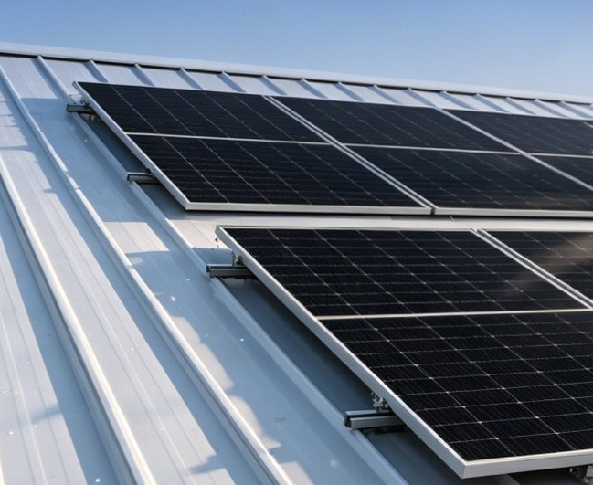 Close up of a JinkoSolar lightweight TOPCon module installed on a corrugated industrial roof