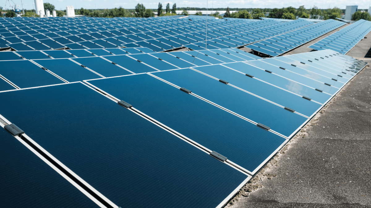 Aerial view of a large-scale rooftop solar installation on a modern government building complex.