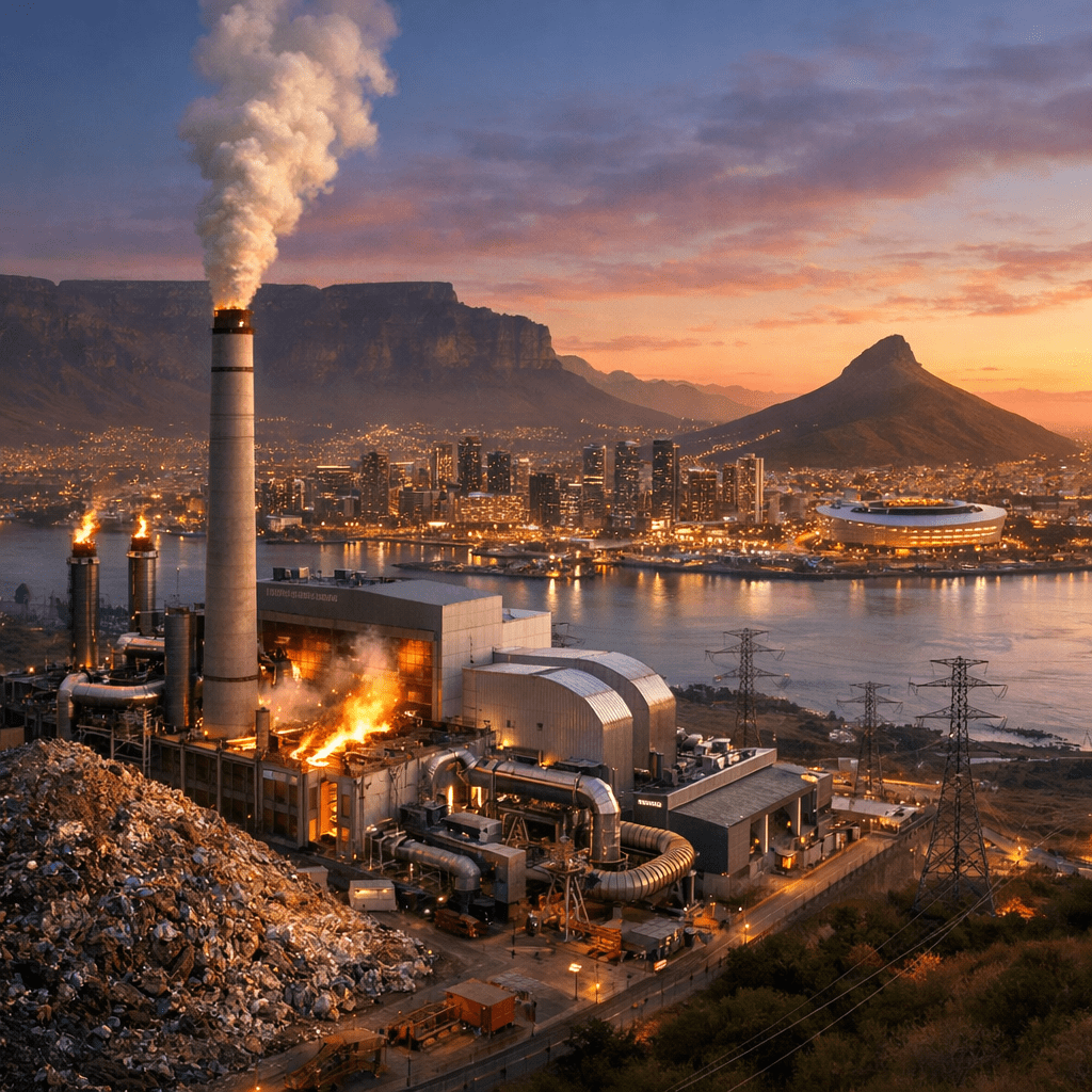An industrial facility operates at dusk with a city skyline and mountain backdrop.
