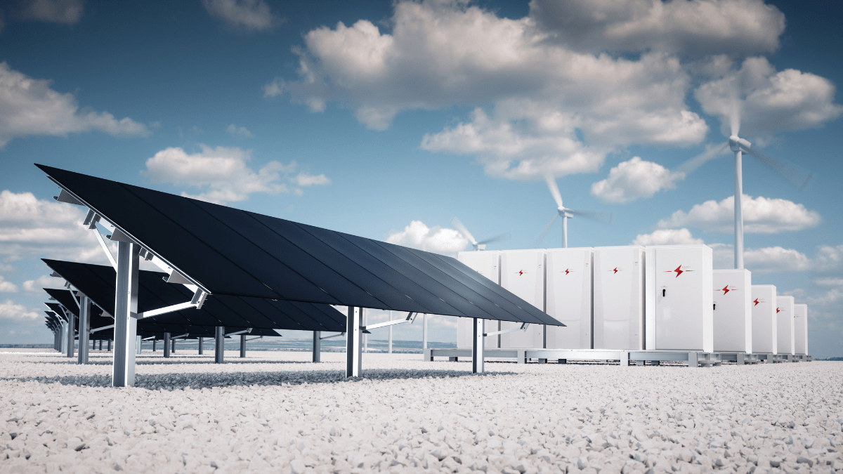 Large scale lithium-ion battery storage containers at a utility-scale renewable energy site.