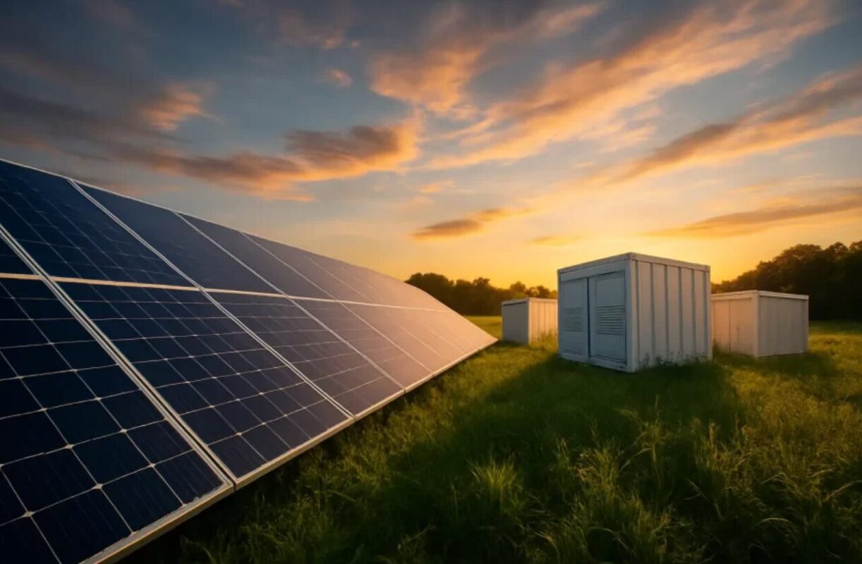 A graph showing EU energy cost savings next to solar panels powering a city skyline