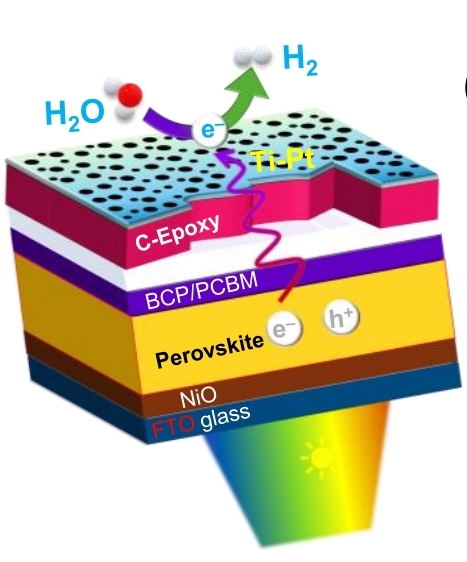 Abstract representation of a synthetic solar leaf in seawater with perovskite crystalline structures.