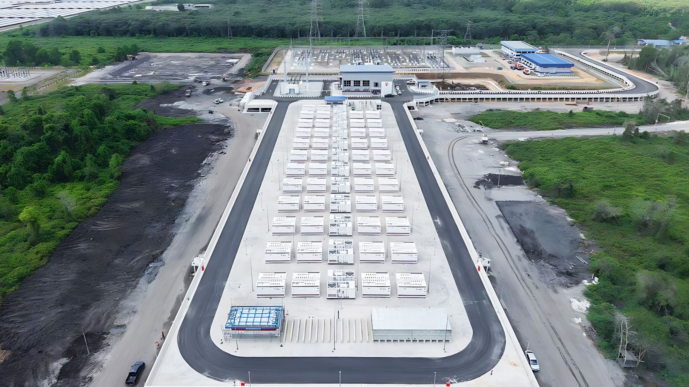 Large scale Sungrow battery energy storage containers arranged in a utility-scale power plant