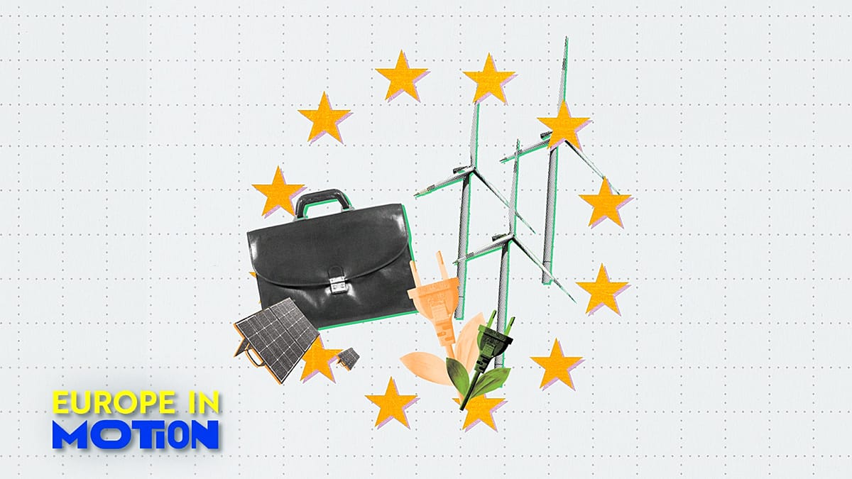 A team of professional solar installers working on a residential rooftop in Europe.