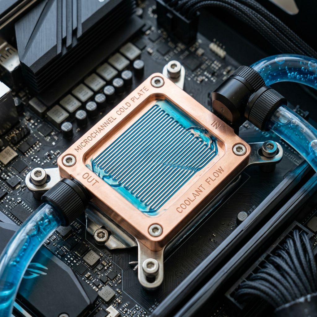 A high-performance liquid cold plate showing intricate internal channels for battery cooling systems.