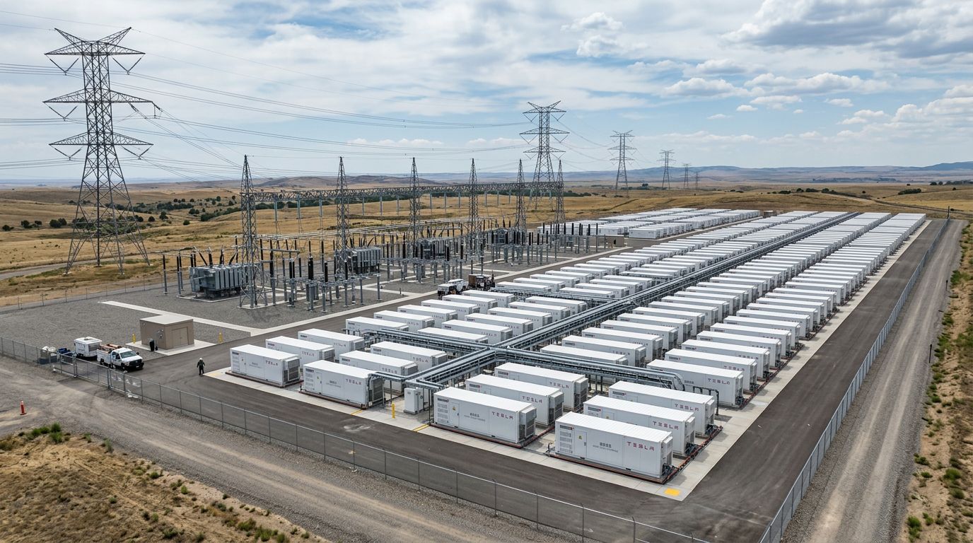Rows of white Tesla Megapack battery containers at a large-scale energy storage site with electrical pylons.