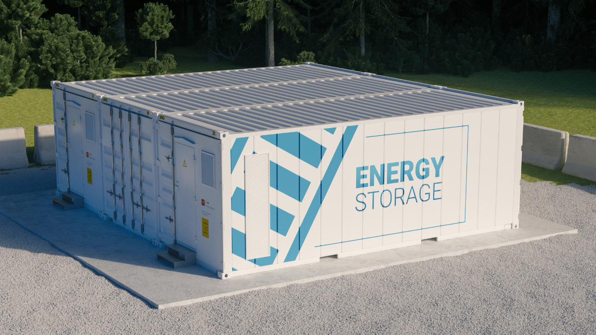 Large scale solar farm with battery energy storage system containers in the desert