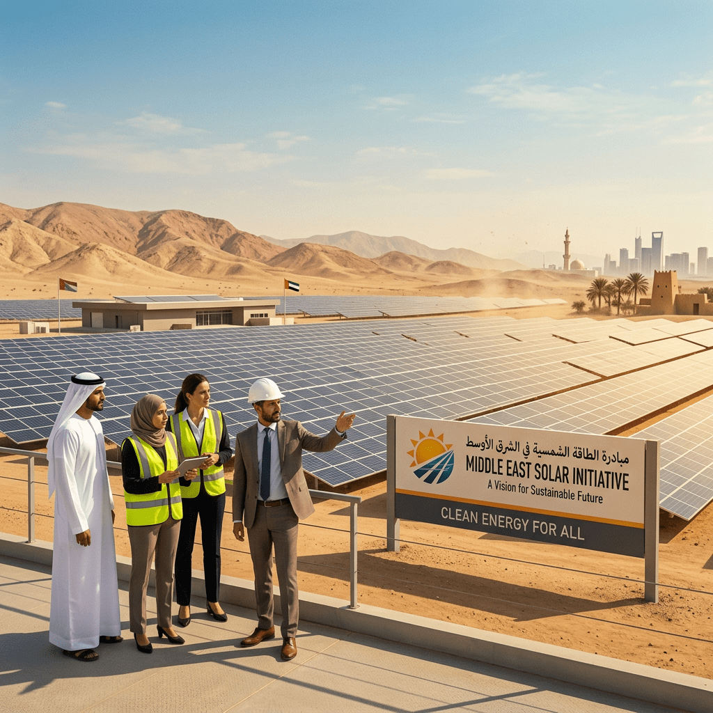 Aerial view of a large-scale desert solar farm in the Middle East.