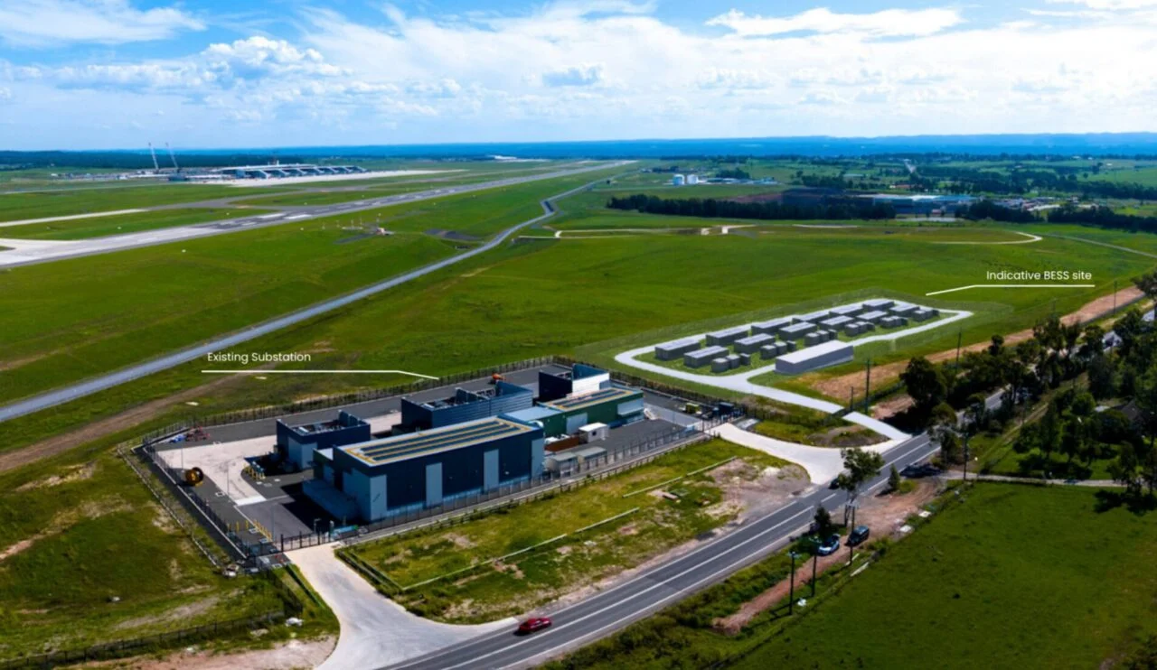 Large scale solar array and battery energy storage containers near an airport runway