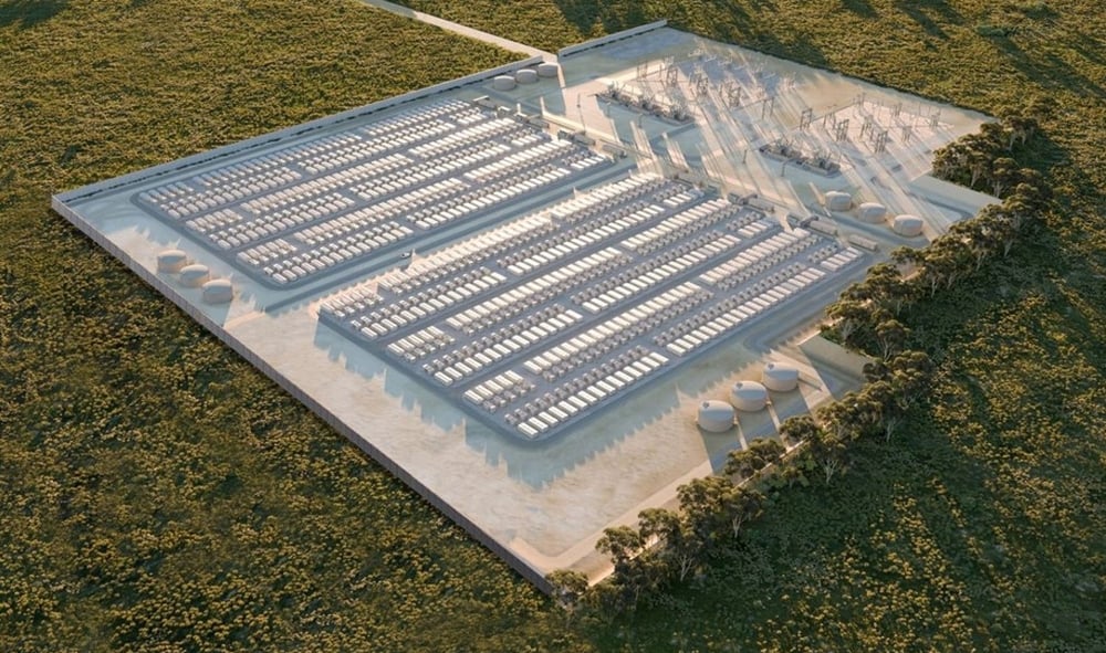 Aerial view of a large-scale battery energy storage system installation with white containers