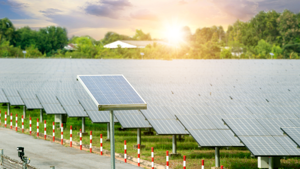 Aerial view of a large ground-mounted community solar array in a rural field.