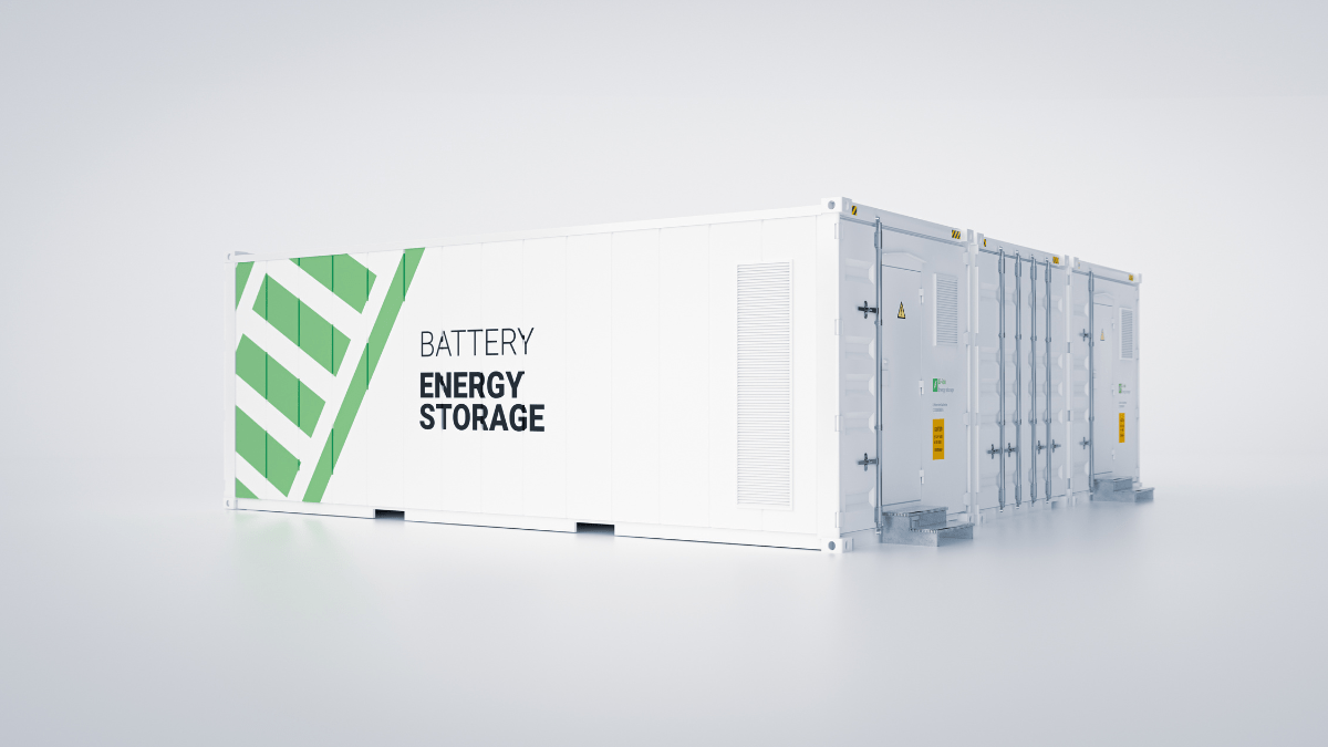 Conceptual rendering of a green hydrogen electrolyzer unit integrated with an industrial solar farm.