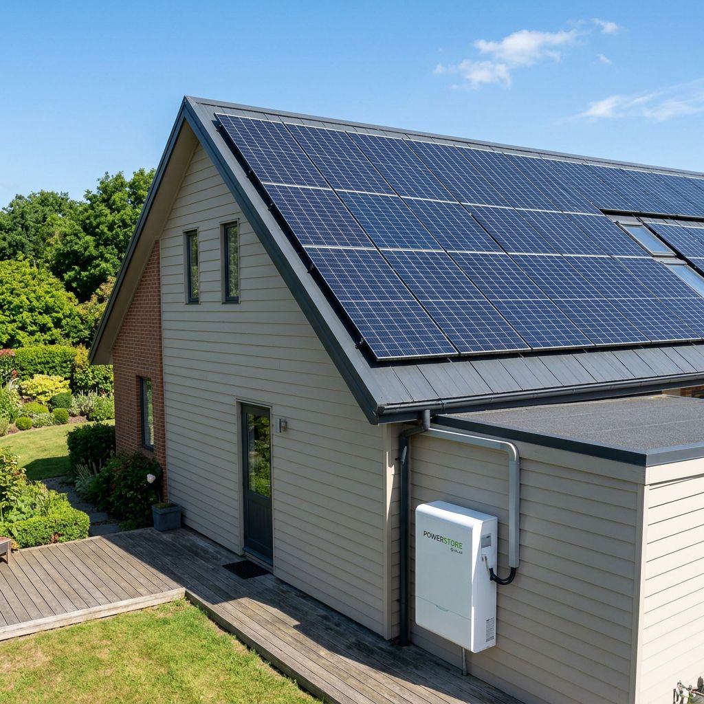 Modern residential house with full rooftop solar array and an external wall-mounted white lithium battery storage unit.