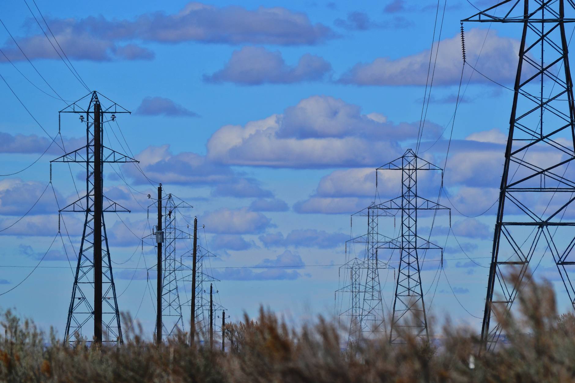 Abstract view of electrical grid infrastructure and solar farm connectivity