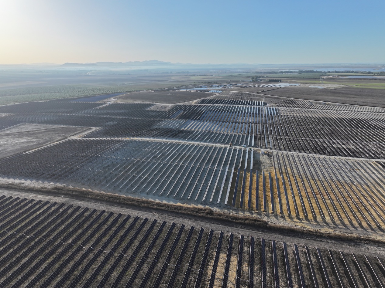 Aerial view of a large-scale solar farm in the Seville countryside