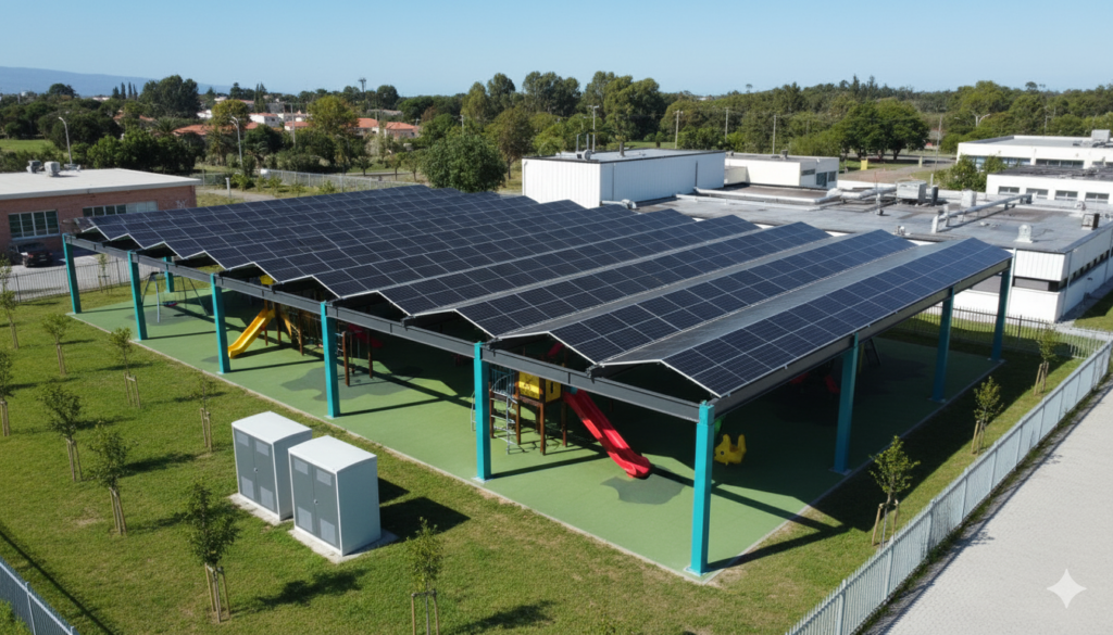 A modern solar canopy structure over an outdoor sports court with PV modules integrated into the roof.