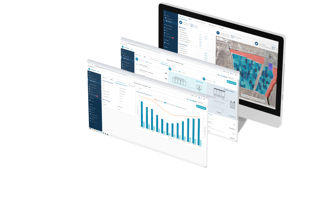A laptop screen displaying a complex solar project layout with data analytics graphs and 3D modeling.