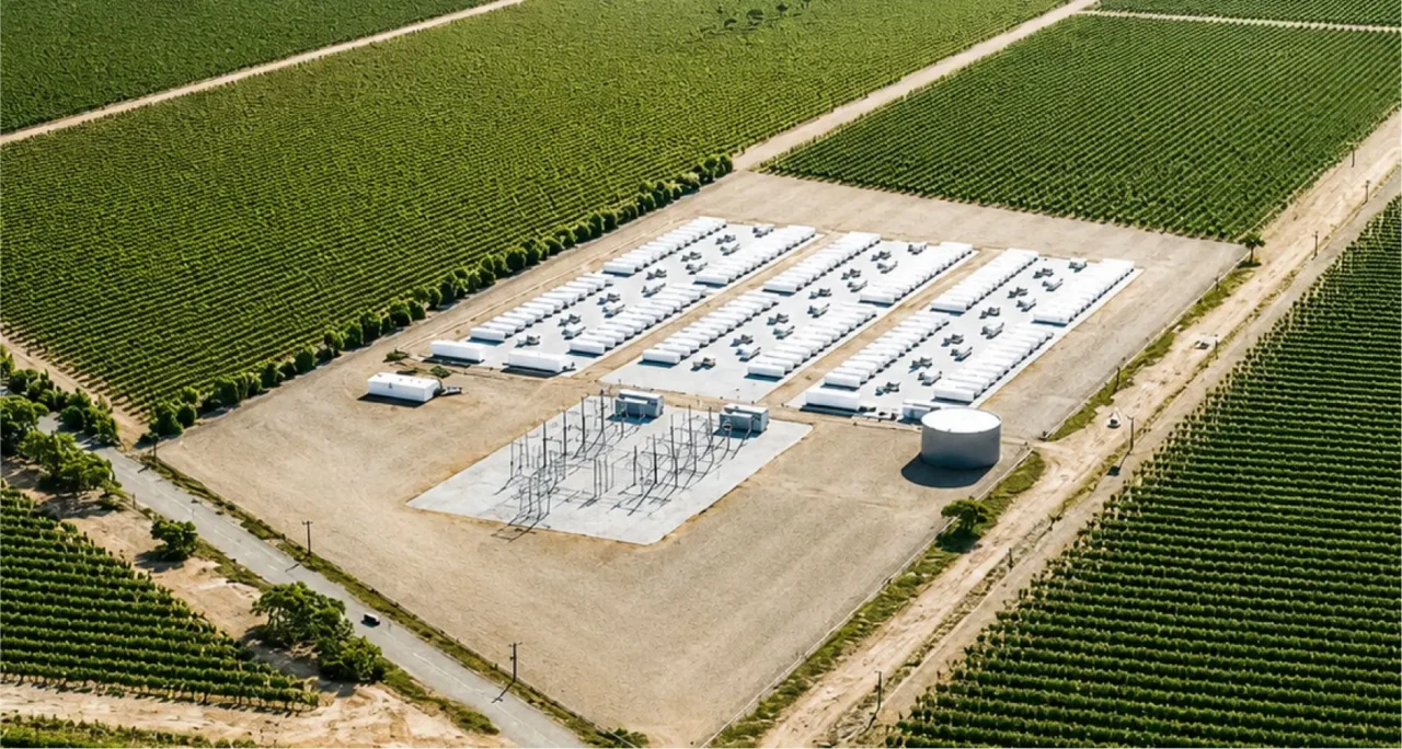 Aerial view of a large-scale solar farm adjacent to a modern industrial data center facility