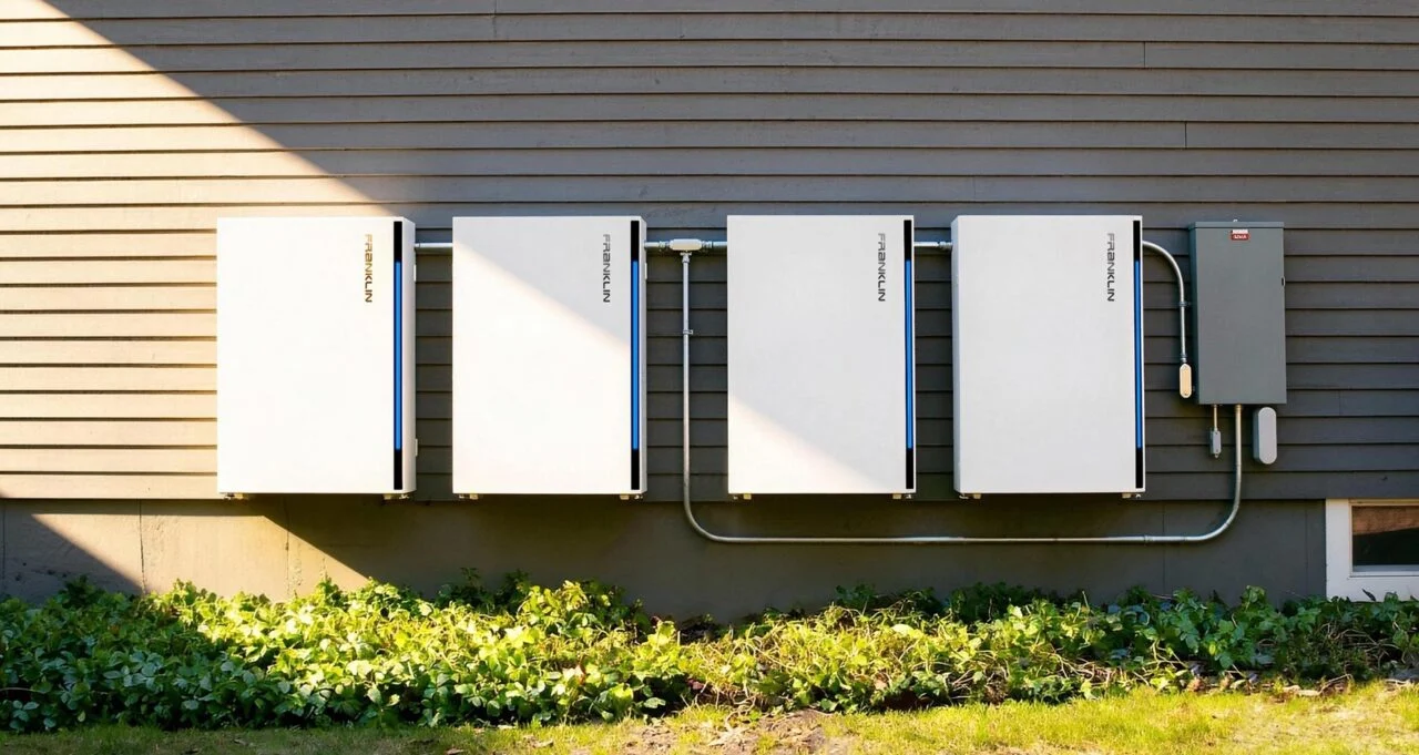 Modern home battery storage system installed in a garage alongside a smart solar inverter