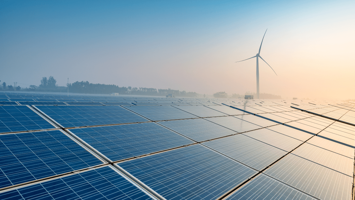 Abstract representation of solar panels and renewable energy infrastructure under a clear blue sky